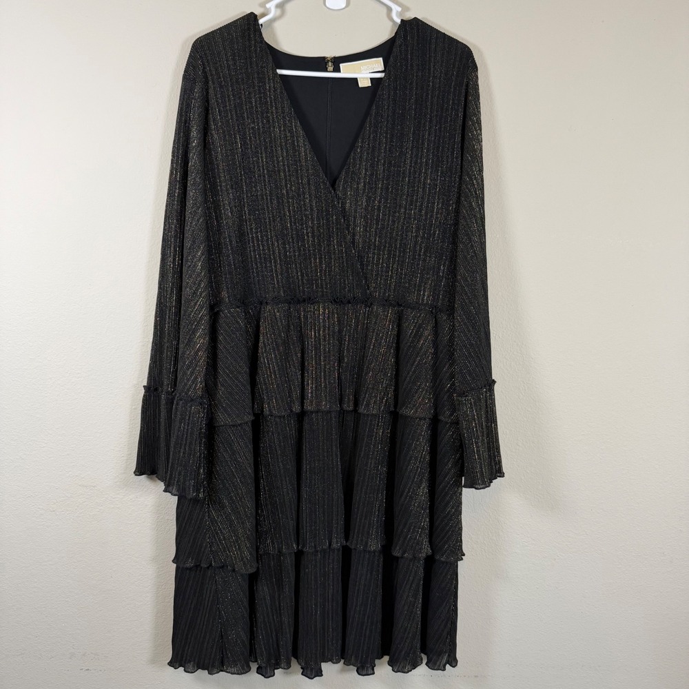 Michael Kors XXL Metallic Pleated Tiered Dress Black Gold Ruffle Party Cocktail